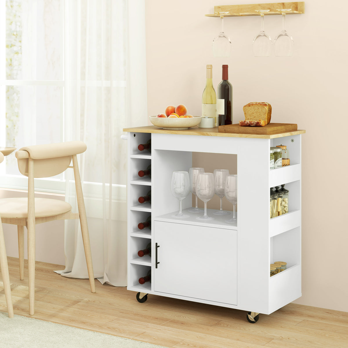 K¨¹chenwagen, Rollbare K¨¹cheninsel, K¨¹chen-Trolley mit F?chern, Weinregalen, Schrank und Arbeitsfl?che, Wei?