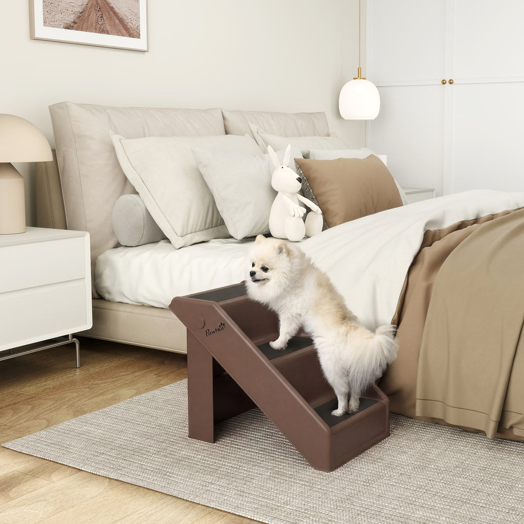 Hundetreppe 3 Stufen 36,5 cm Hoch Haustiertreppe für Kleine Hunde klappbar für Bett, Sofa, Couch Auto Braun