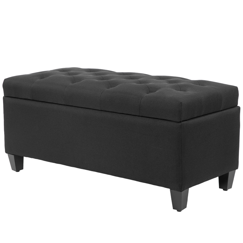Sitzbank mit Stauraum, Truhenbank, leinenartiges Polyester, Kautschukholz, Schwarz, 100 x 40 x 44 cm