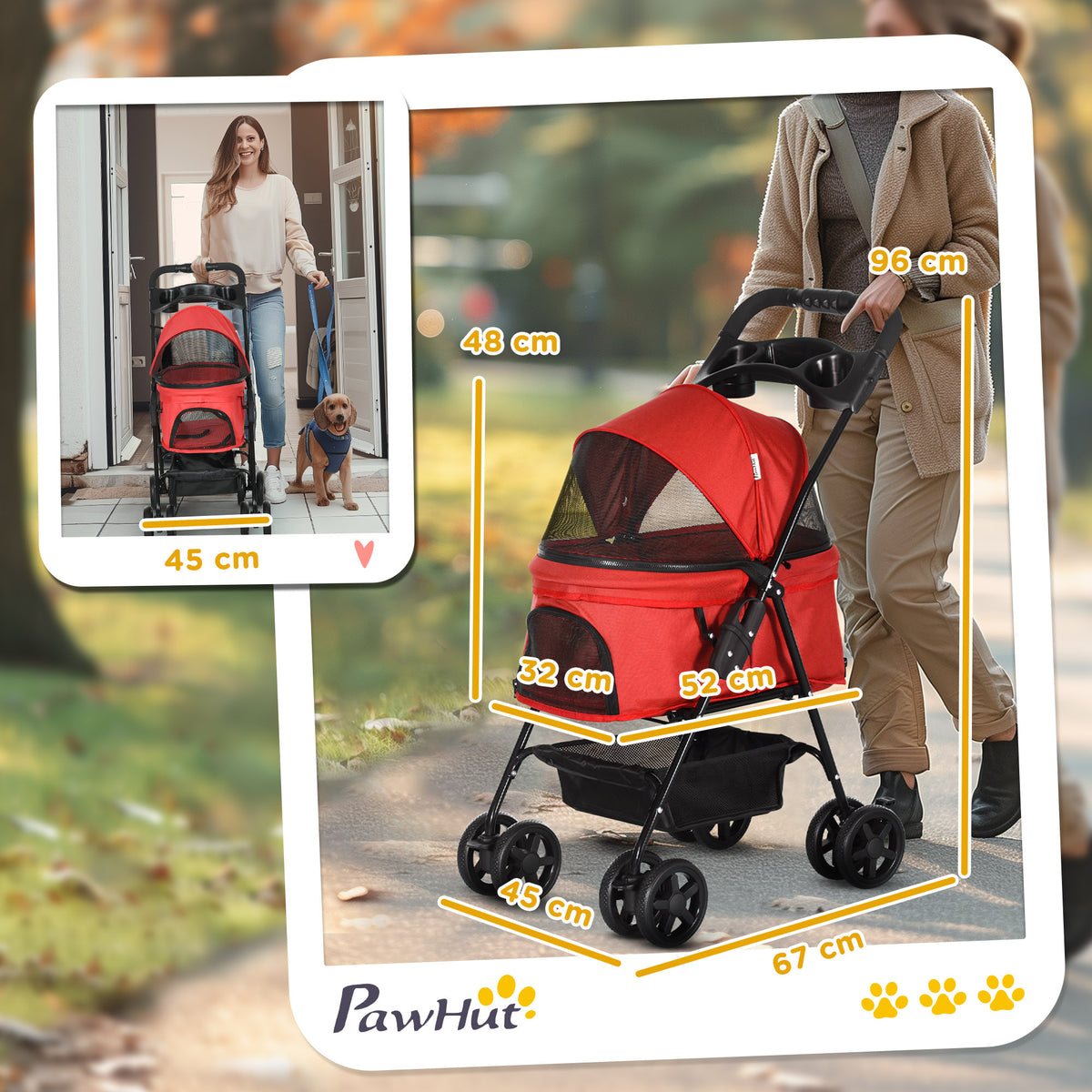 Hundebuggy, klappbar, Netzfenster, abnehmbares Dach, Becherhalter, Bodenkorb, Metallrahmen, rot, 67 x 45 x 96 cm