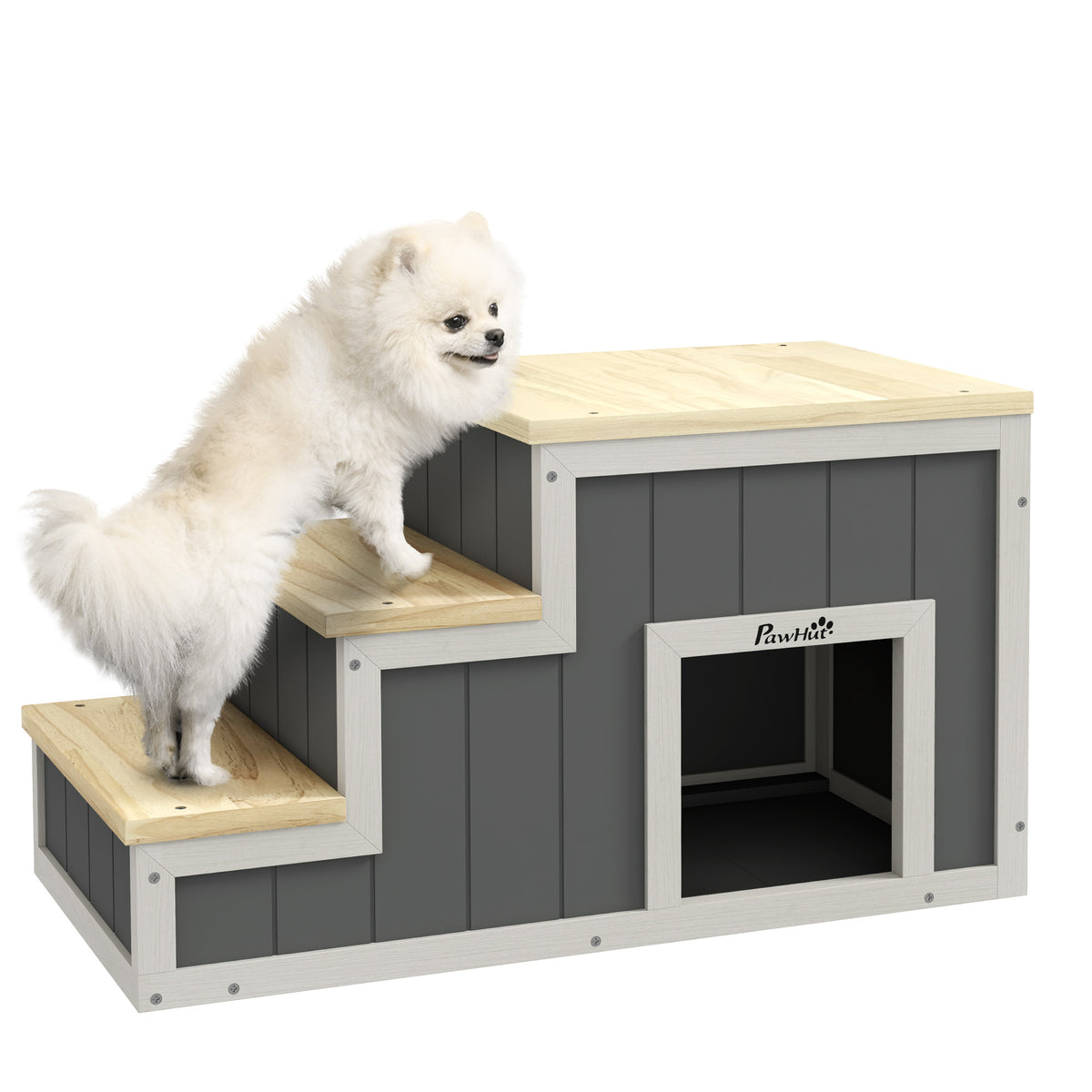 Haustiertreppe Hundetreppe, 3 Stufen, Kiefernholz, 79 cm x 38,5 cm x 45 cm, Natur + Wei?