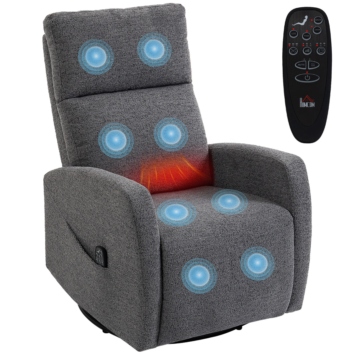Relaxsessel Drehbarer Fernsehsessel mit Wärme und Vibrationsmassage, Liegefunktion, Wippfunktion Dunkelgrau