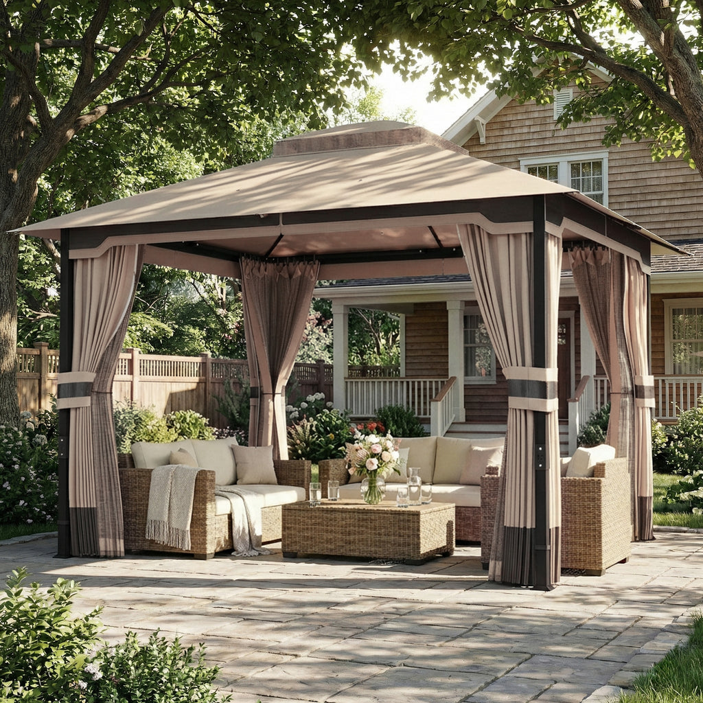 3 x 3.6 m Outdoor Garden Gazebo with Netting and Curtains, Double Roof Patio Gazebo Permanent Pavilion, Khaki
