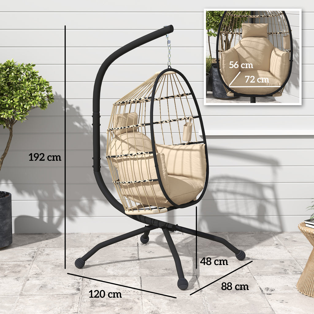 Hängender Outdoor-Schaukelstuhl mit faltbarem Korbsitz und dicken Kissen, Ständer, Kopfstütze, Becherhalter, Khaki