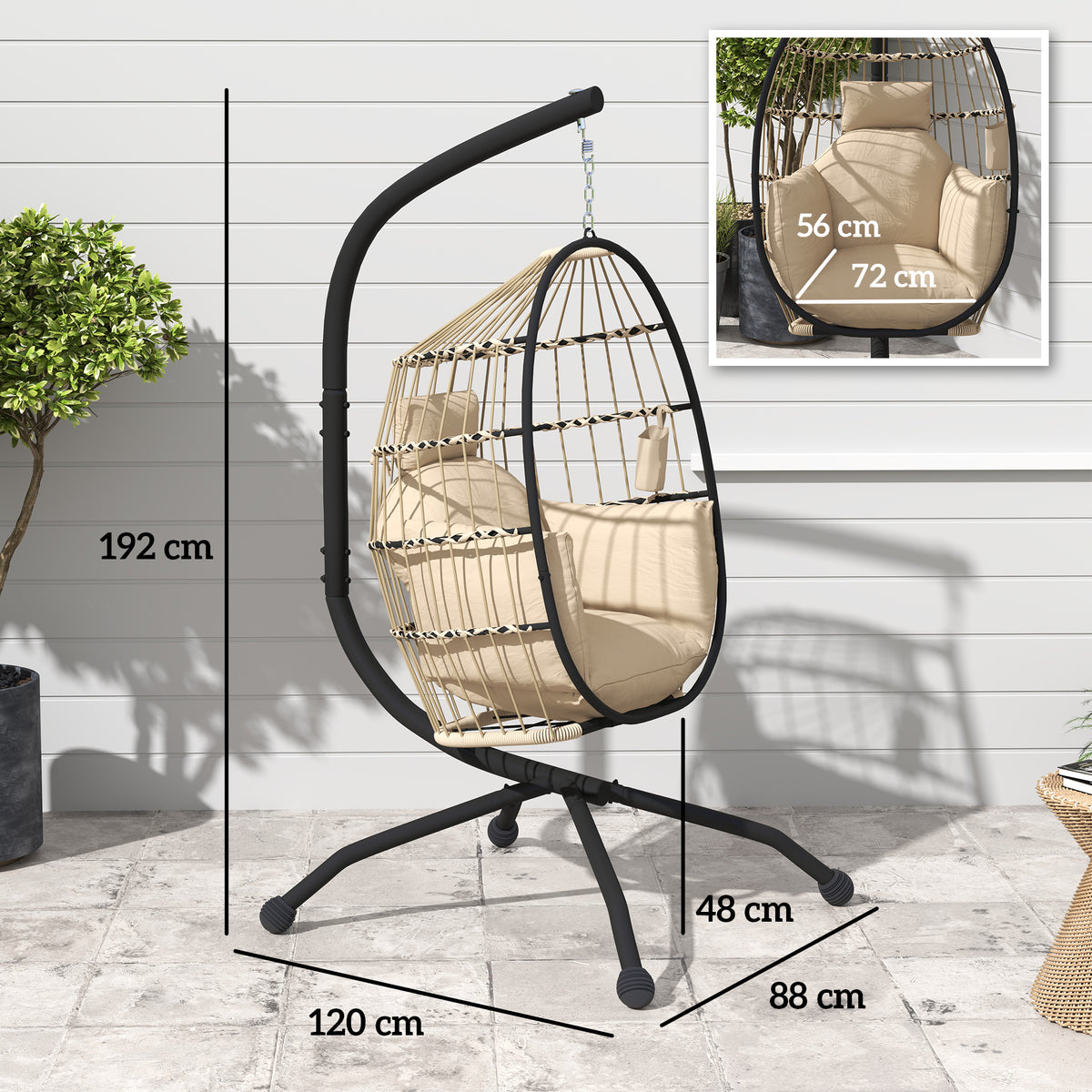 Hängender Outdoor-Schaukelstuhl mit faltbarem Korbsitz und dicken Kissen, Ständer, Kopfstütze, Becherhalter, Khaki