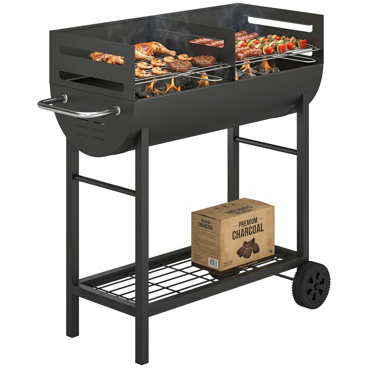 Charcoal Barbecue Grill with 2 Cooking Areas, Portable BBQ Trolley with Wheels, Height Adjustable Grates, Bottom Shelf