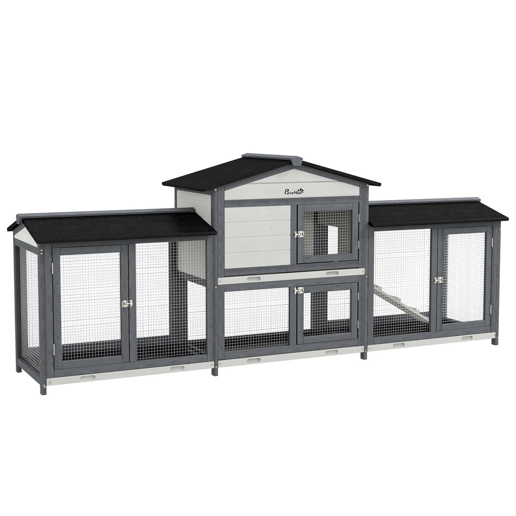 2-Tier Large Rabbit Hutch Outdoor with Double Side Run Boxes, No-leak Plastic Tray, Ramp, 230 x 53 x 93.5cm, Light Grey