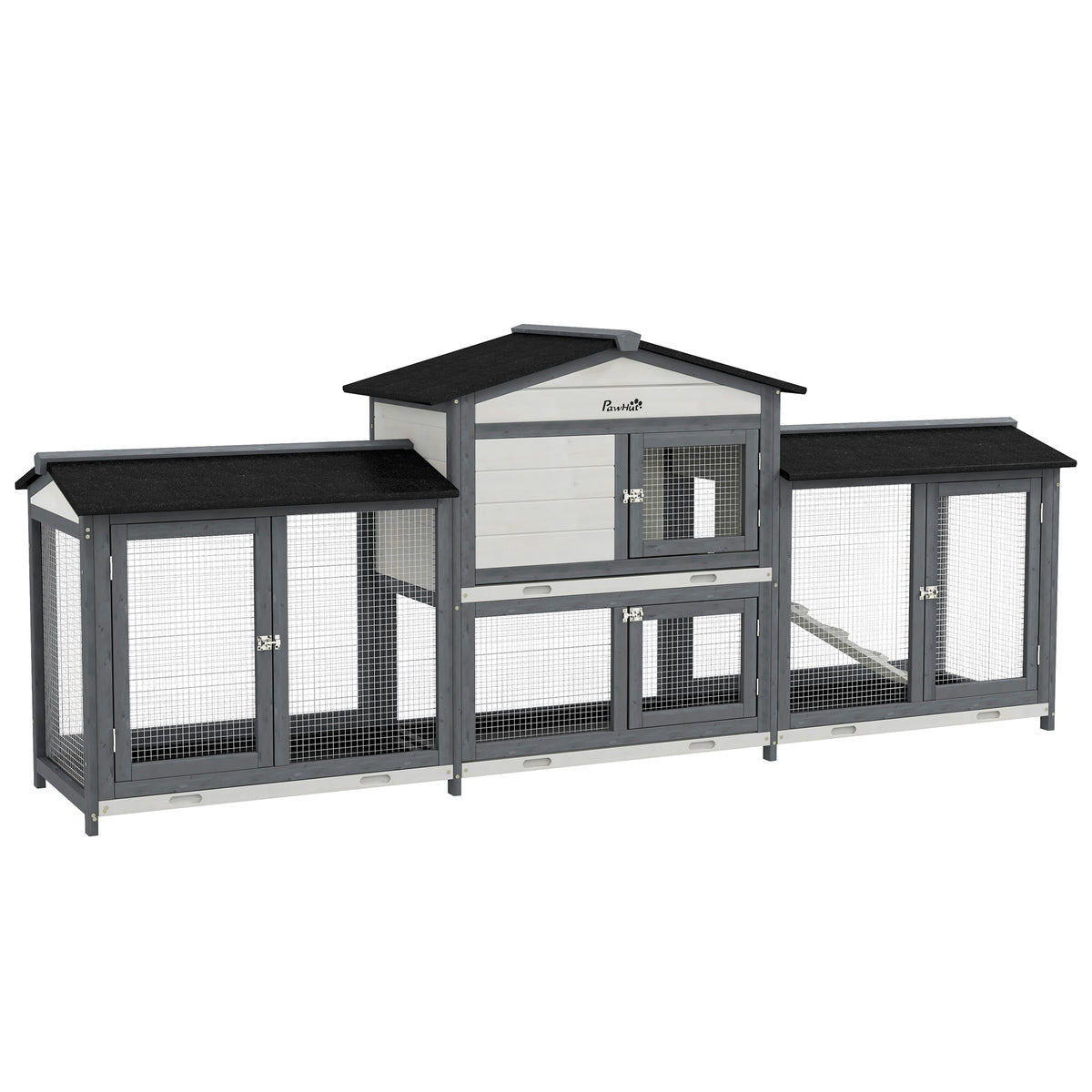 2-Tier Large Rabbit Hutch Outdoor with Double Side Run Boxes, No-leak Plastic Tray, Ramp, 230 x 53 x 93.5cm, Light Grey