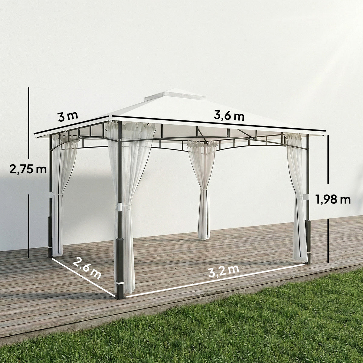 Pavillon, 3x3,6 m wasserabweisend Stabil Gartenpavillon mit Moskitonetz, Doppeldach, für Garten, Terrasse, Schwarz