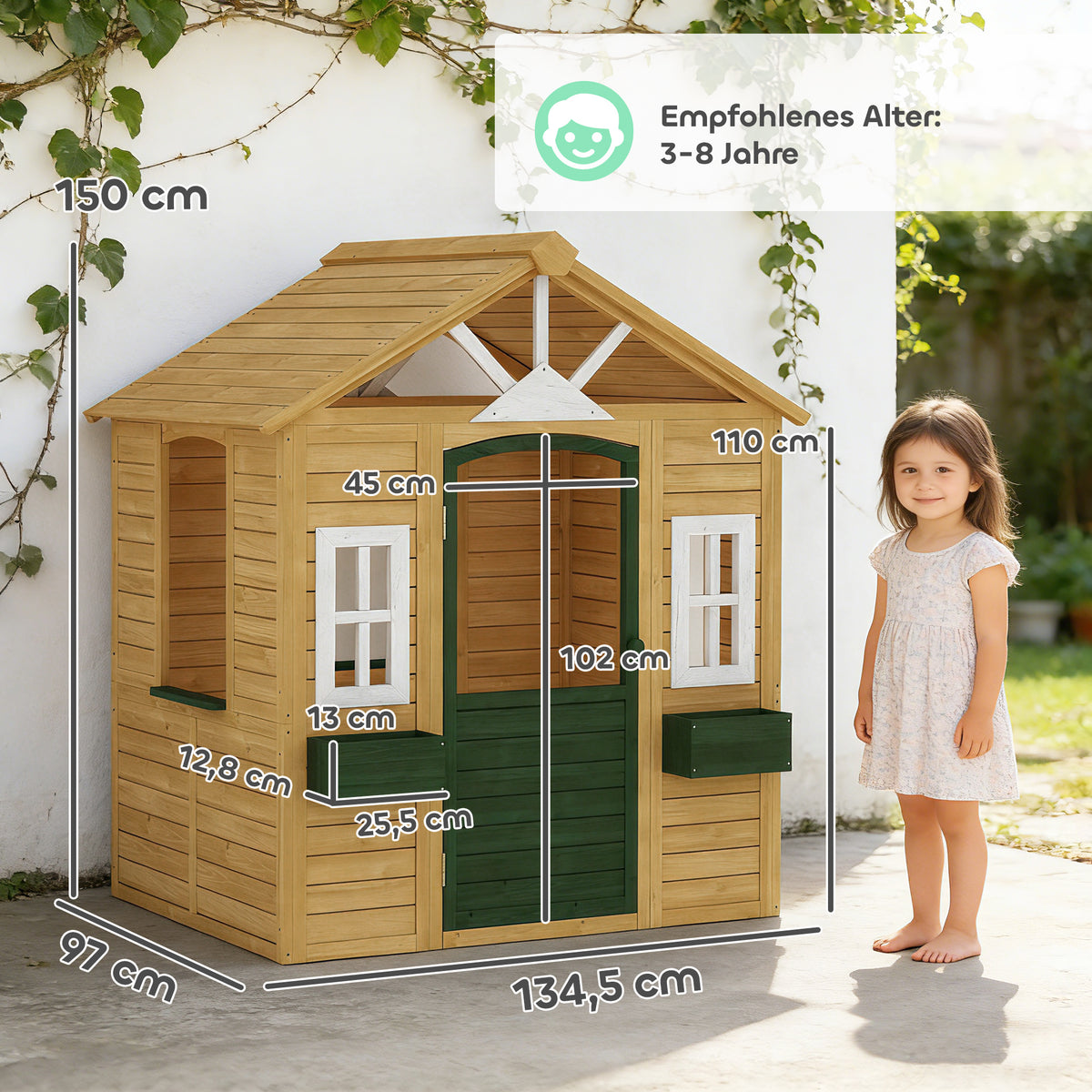 Kinderspielhaus Holz Spielhaus Outdoor mit Tür 3 Fenster 2 Blumenkästen für 3-8 Jahre Kinder 134,5 x 97 x 150 cm Braun