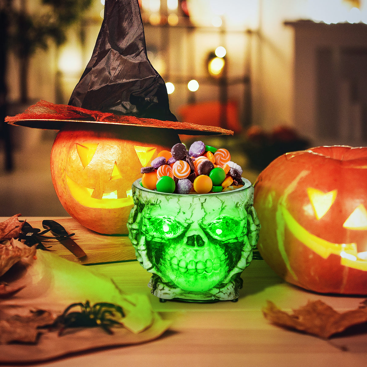 14cm 5.5" Skeleton Candy Bowl Outdoor Halloween Decoration, Halloween Prop with Sound Activated, Light Up Eyes, Sound Effects for Haunted House