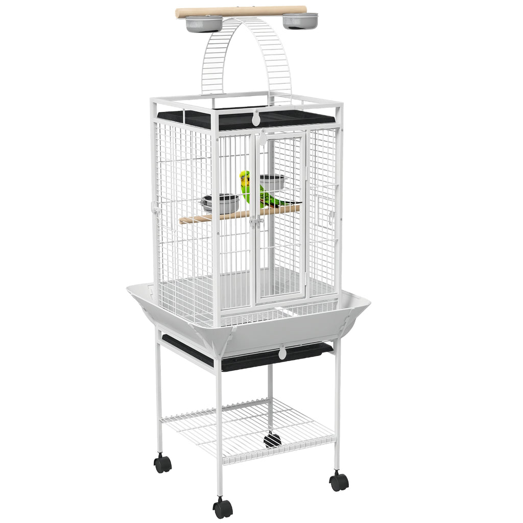 Vogelkäfig, Papageienkäfig mit 3 Türen, 2 Sitzstange, 360° Rollen, Futternapf, Ablage, Freisitz, 62,5x62,5x156cm, Weiß