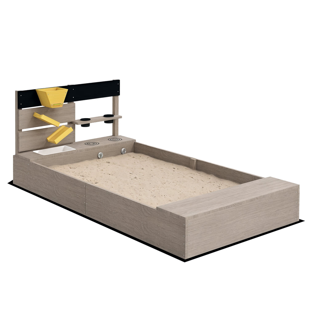 Wooden Sand Pit with Liner, Pretend Hobs, Planting Boxes, Two Seats, for Ages 3-7 Years - Grey