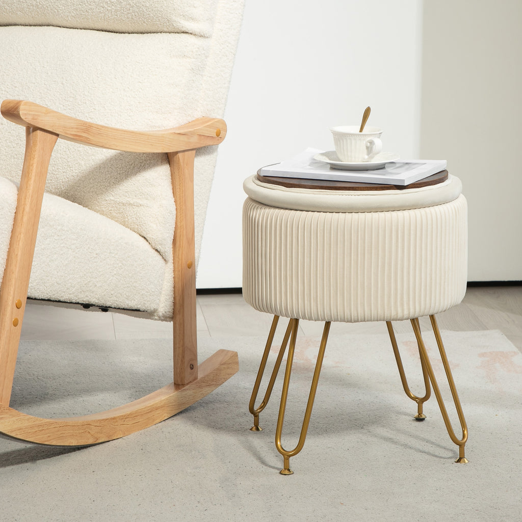 2-in-1-Aufbewahrungshocker mit Metallbeinen, runder Fu?hocker f¨¹r Wohnzimmer, Schlafzimmer, Flur, Cremewei?