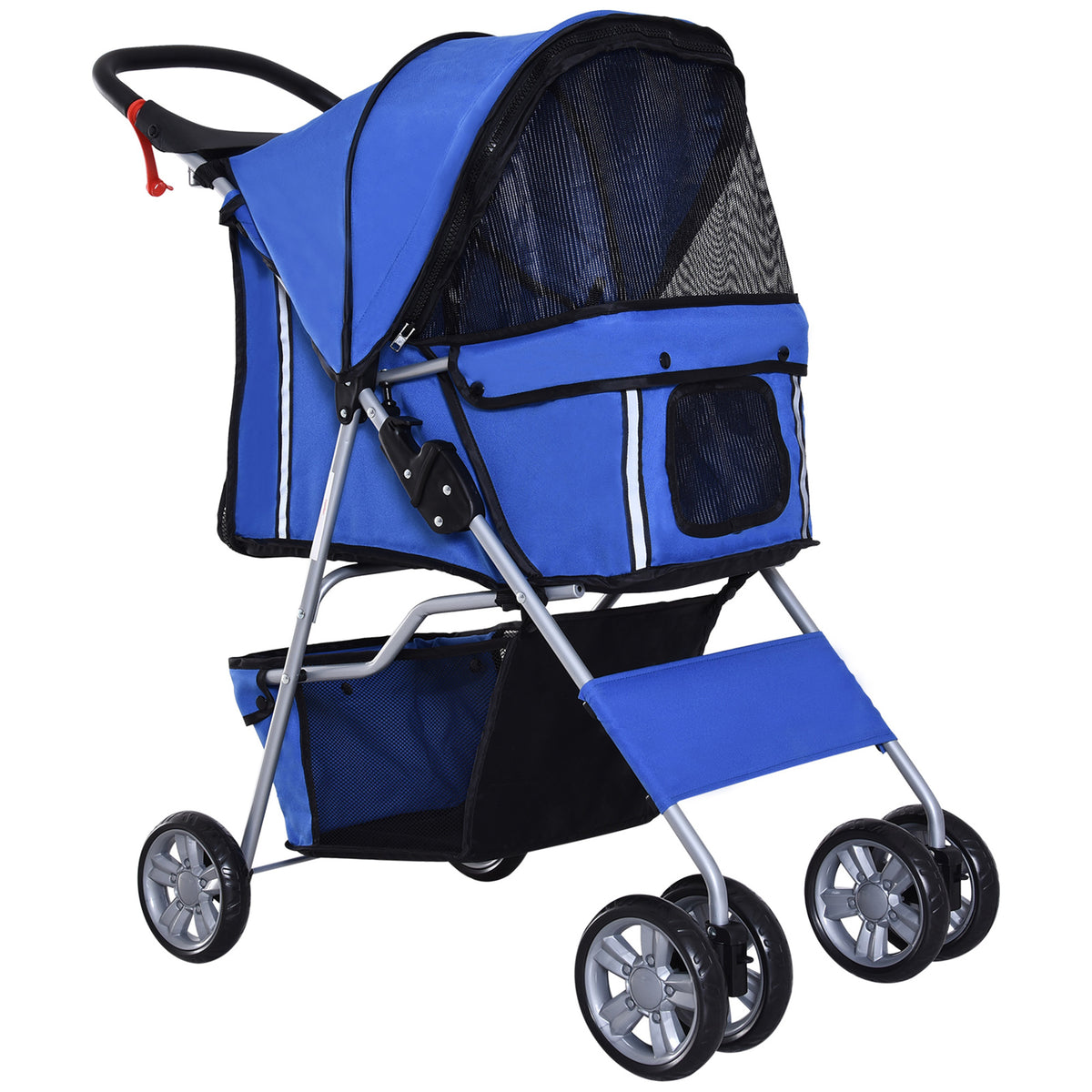  Pet Stroller for Small Miniature Dogs Cats Foldable Travel Carriage with Wheels Zipper Entry Cup Holder Storage Basket Blue