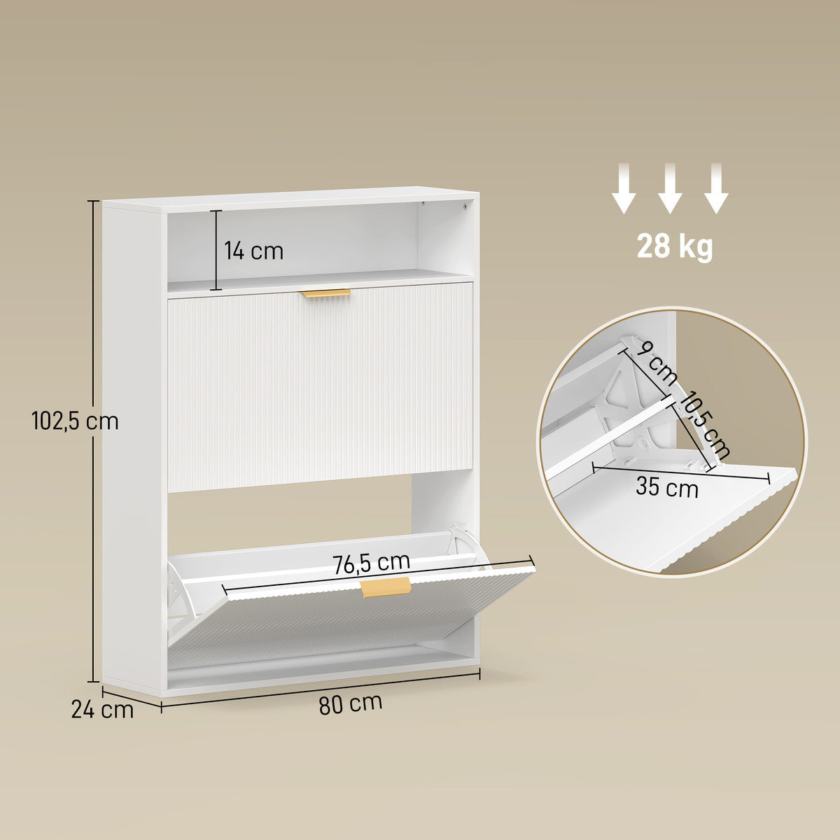 Schmaler Schuhschrank mit 2 Klappfächern und Ablagefläche für Flur und Eingangsbereich, Weiß