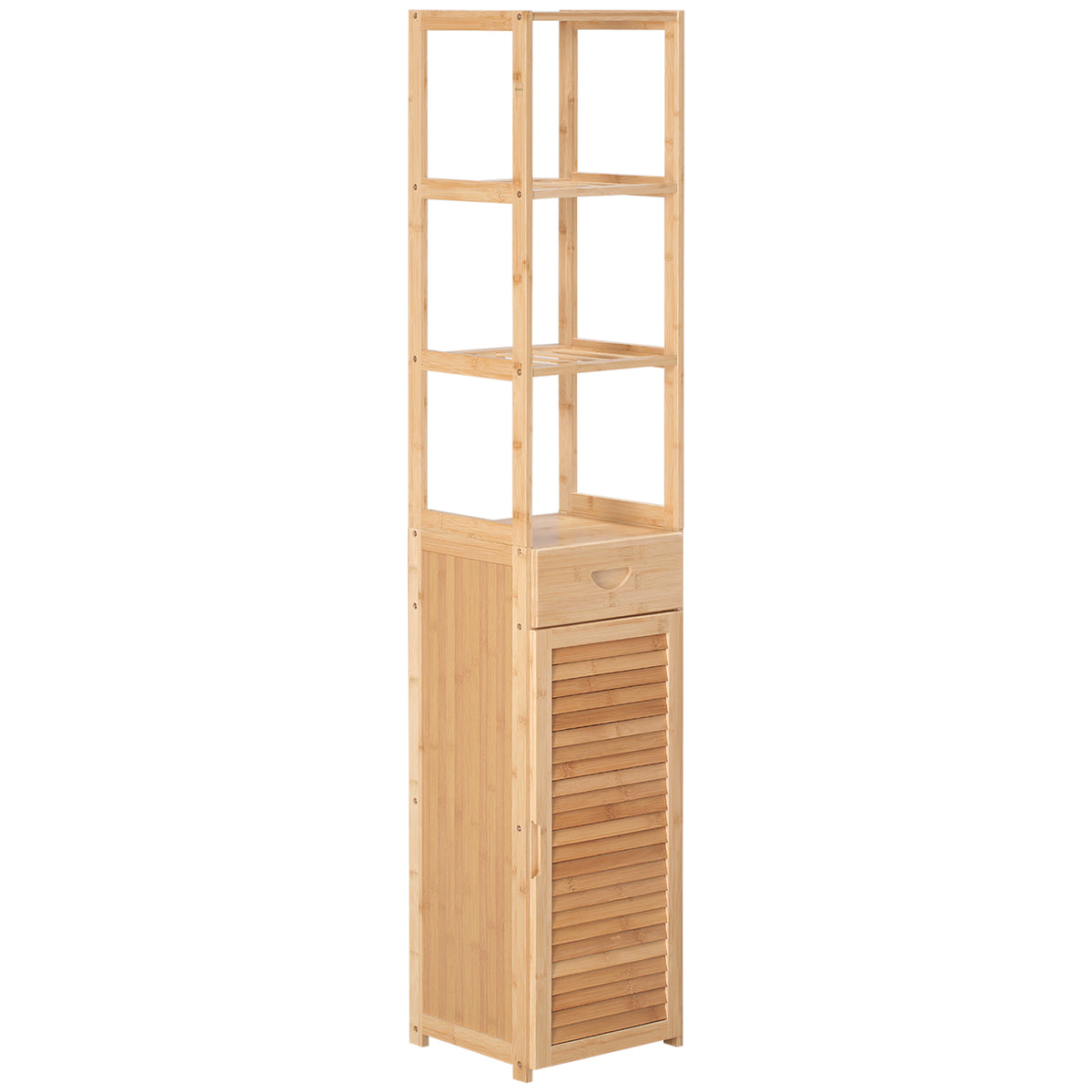 Badezimmerregal, 3 offene F?cher, Schublade, Lamellent¨¹r, Bambus, 32 x 30 x 163 cm
