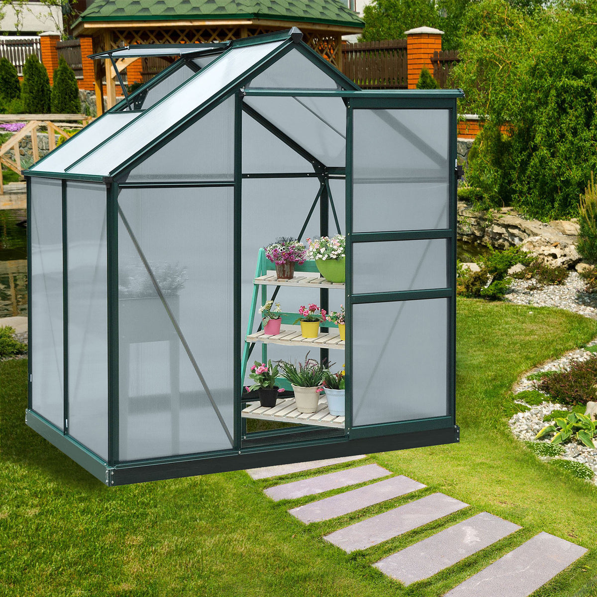Gewächshaus mit Dachfenster Aluminium Treibhaus 190 cm x 132 cm x 201 cm Grün + Transparent