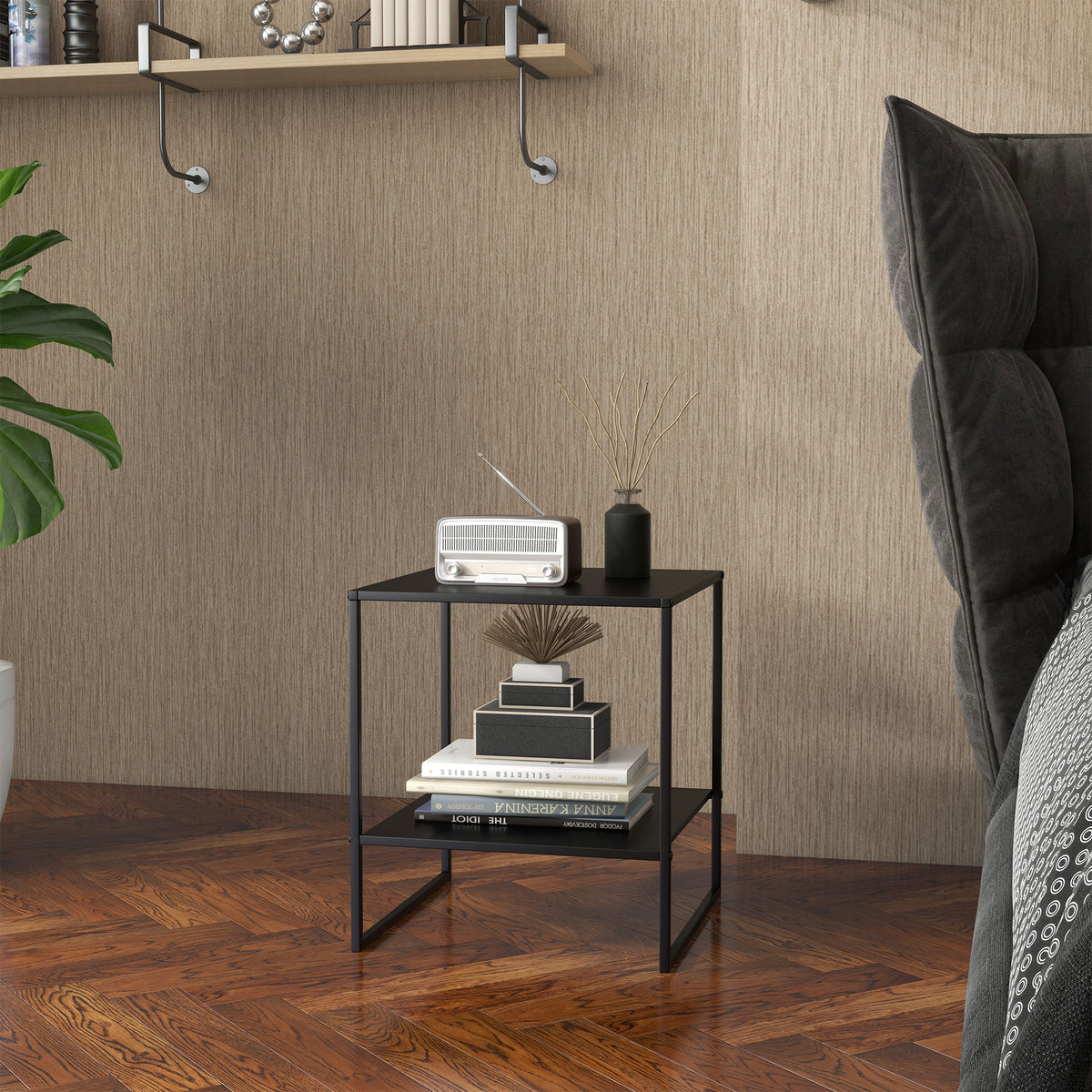 Beistelltisch im Industriedesign Couchtisch Nachttisch, 1 Ablage, Schwarz