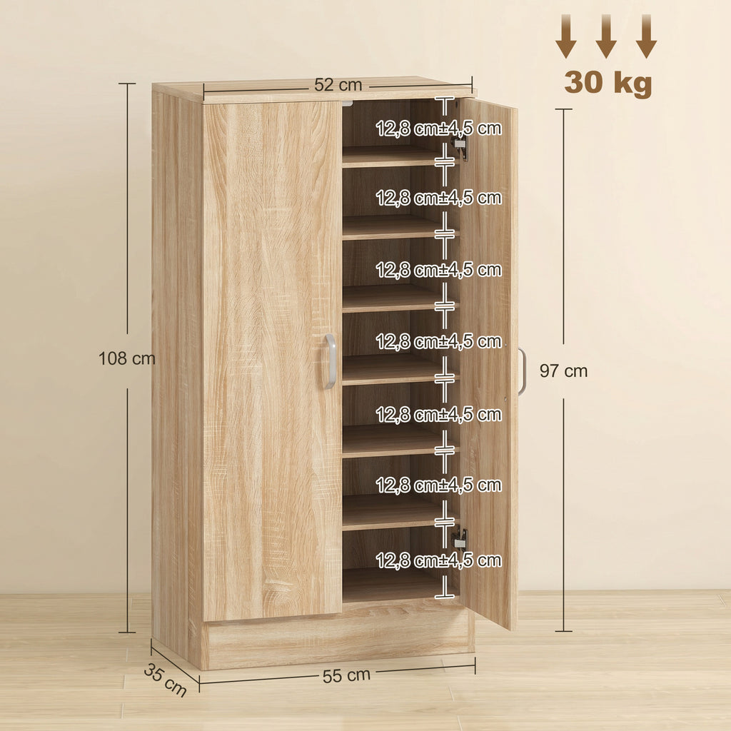 Schuhschrank mit 2 Türen, 6 verstellbare Regalböden, Soft-Close-Scharniere für 14 Paar Schuhe, Naturholz