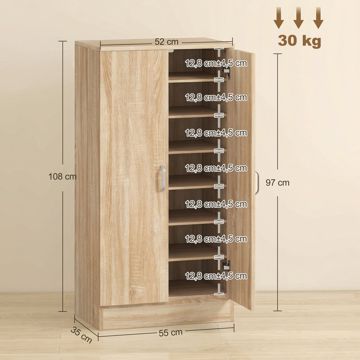 Schuhschrank mit 2 Türen, 6 verstellbare Regalböden, Soft-Close-Scharniere für 14 Paar Schuhe, Naturholz
