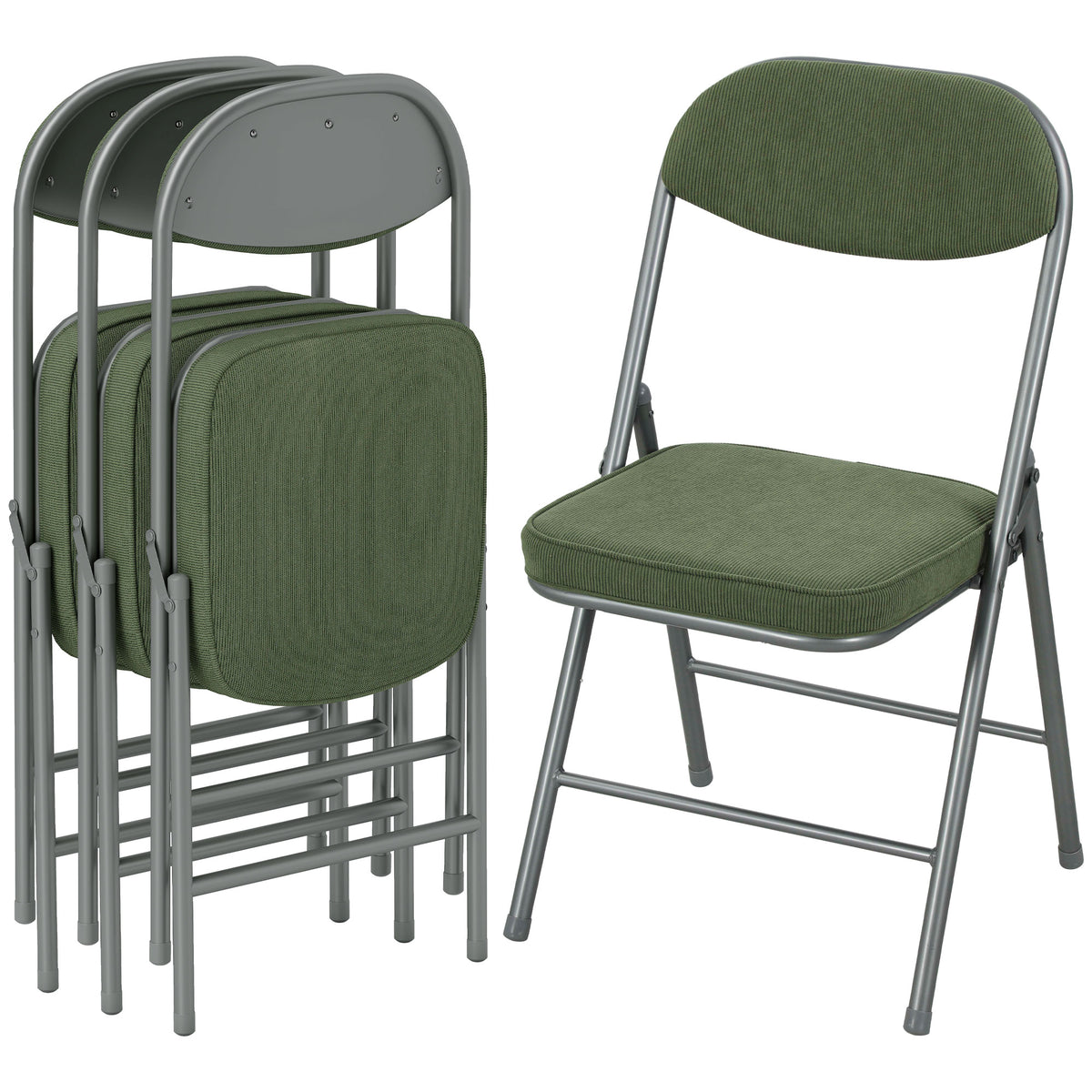4er-Set gepolsterte Klappstühle, Faltbare Stühle mit Cordbezug, Rückenlehne, Metallrahmen, Grün