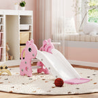 3 in 1 Kids Slide with Climber, Basketball Hoop and Ball, Giraffe Shape Climber Slide for Indoor Kids Age 1-3, Pink