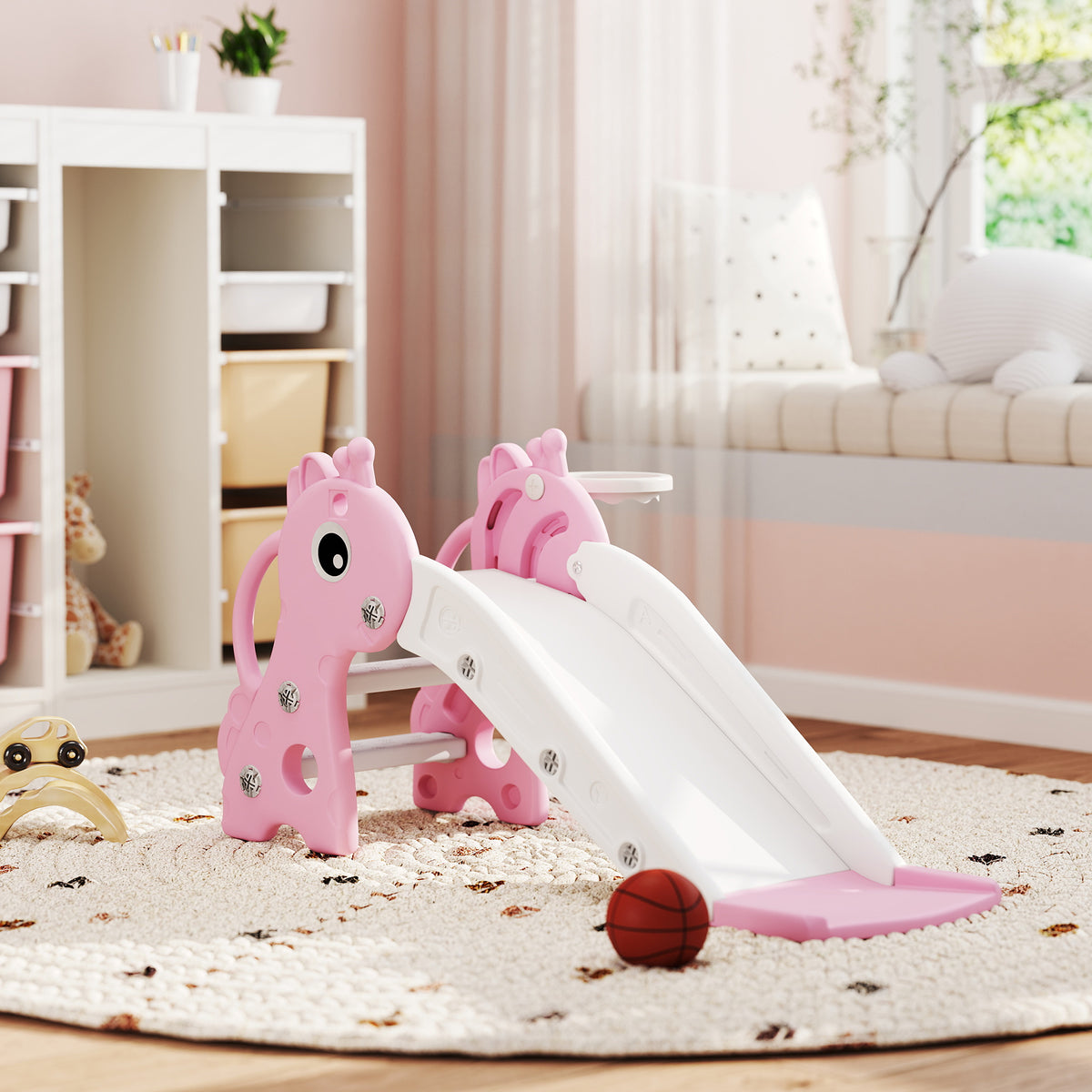 3 in 1 Kids Slide with Climber, Basketball Hoop and Ball, Giraffe Shape Climber Slide for Indoor Kids Age 1-3, Pink