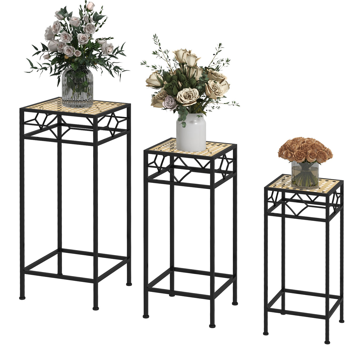 Blumenst?nder, 3er-Set, rund, stapelbar, Rattanoptik, Metallbeine, In- und Outdoor, Schwarz/Gold