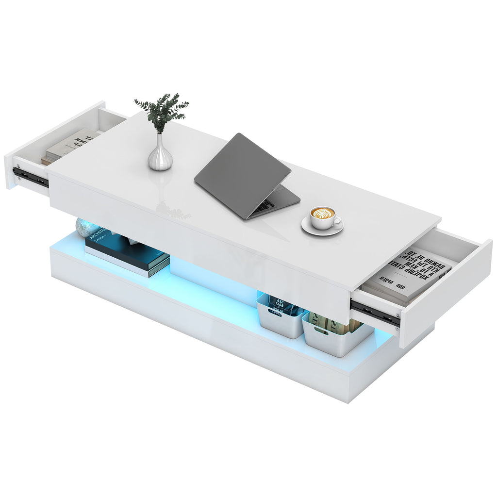 Wohnzimmertisch mit Schubladen und LED-Lichtern, moderner Sofatisch mit offener Ablage, Couchtisch, Spanplatte, Wei?