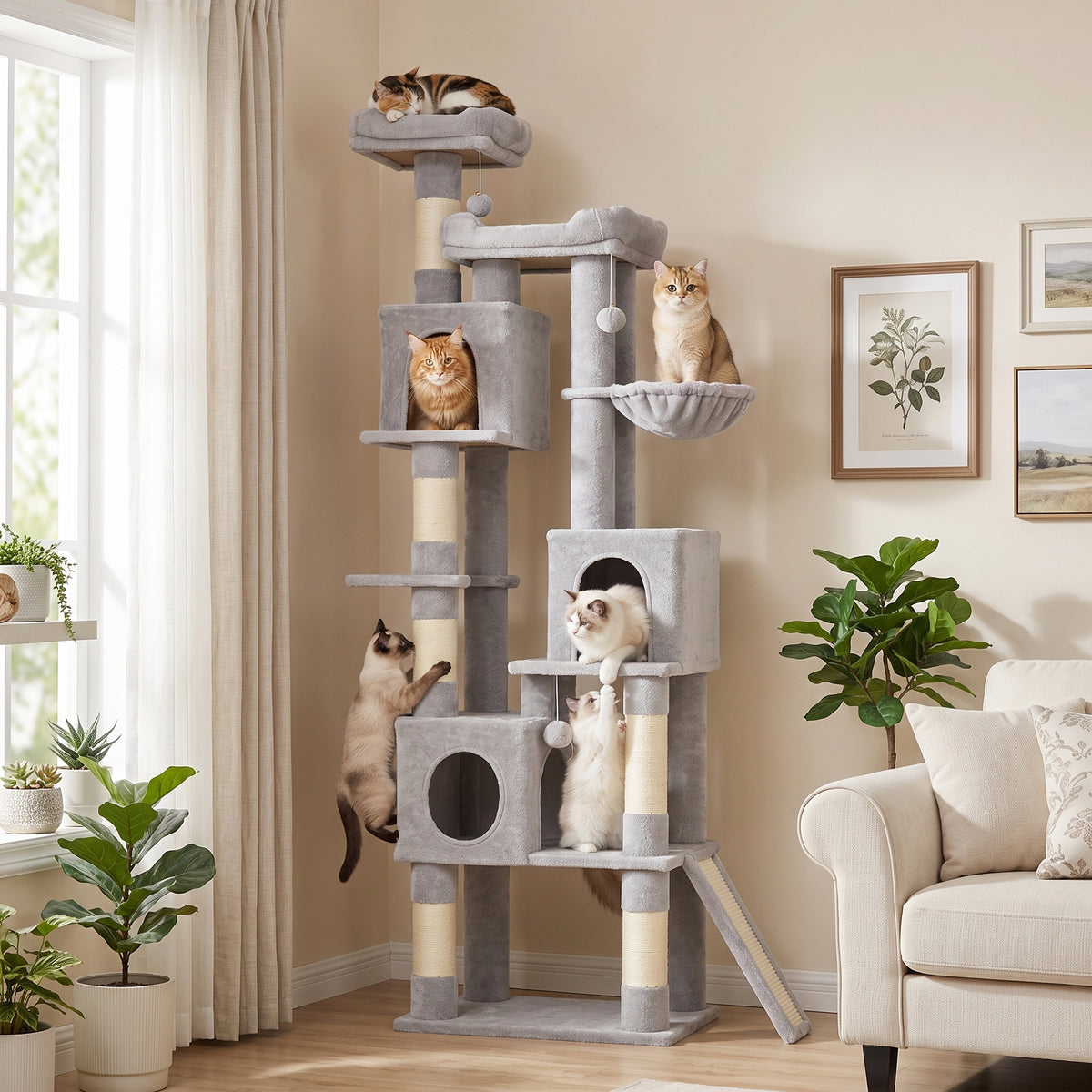 Kratzbaum Große, 200 cm hoch Katzenbaum mit 2 Betten, 3 Höhlen, Hängematte, 3 Bällen für 1-3 Katzen unter 6 kg, Hellgrau