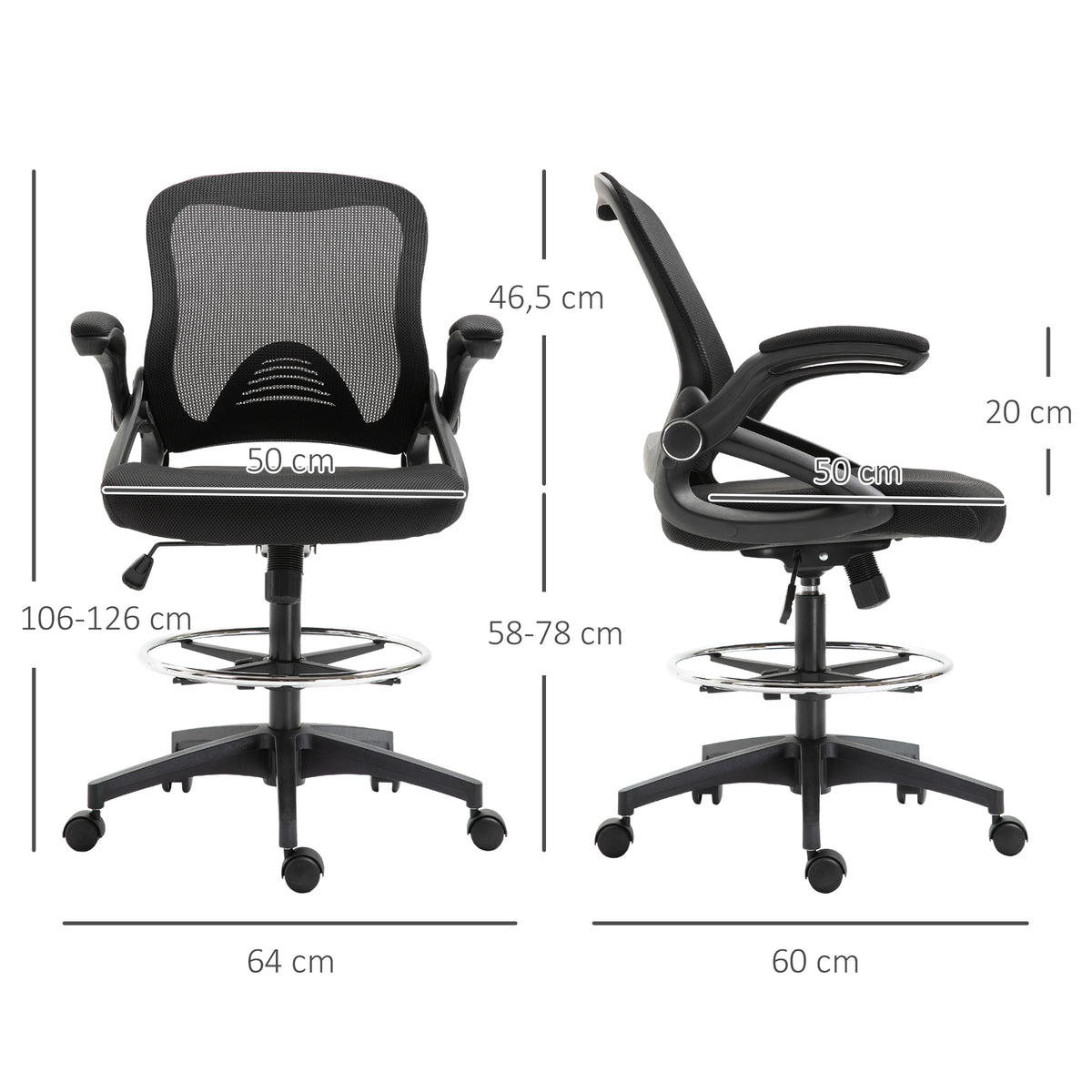 B¨¹rosessel, Schreibtischstuhl, Stehfunktion, mit Fu?ablage, drehbarer Sitz, Stahl, schwarz, 64 x 60 x 106-126cm