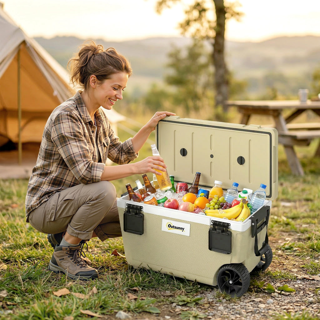 70L Insulated Cool Box with Wheels, Portable Ice Cooler with Handle, Lid and Drain Valve, Khaki