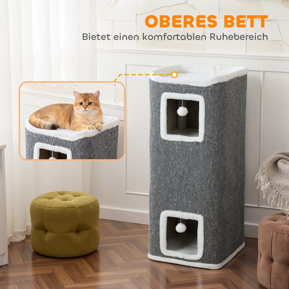 Kratztonne 100 cm Hoch 41 x 41 cm Vierstöckig für 1-2 Katzen Grau
