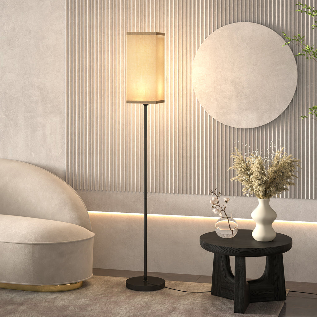 Moderne Stehlampe mit Kunstleinen-Schirm und Fußschalter, für Wohnzimmer und Schlafzimmer, Metall, Schwarz
