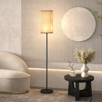 Moderne Stehlampe mit Kunstleinen-Schirm und Fußschalter, für Wohnzimmer und Schlafzimmer, Metall, Schwarz