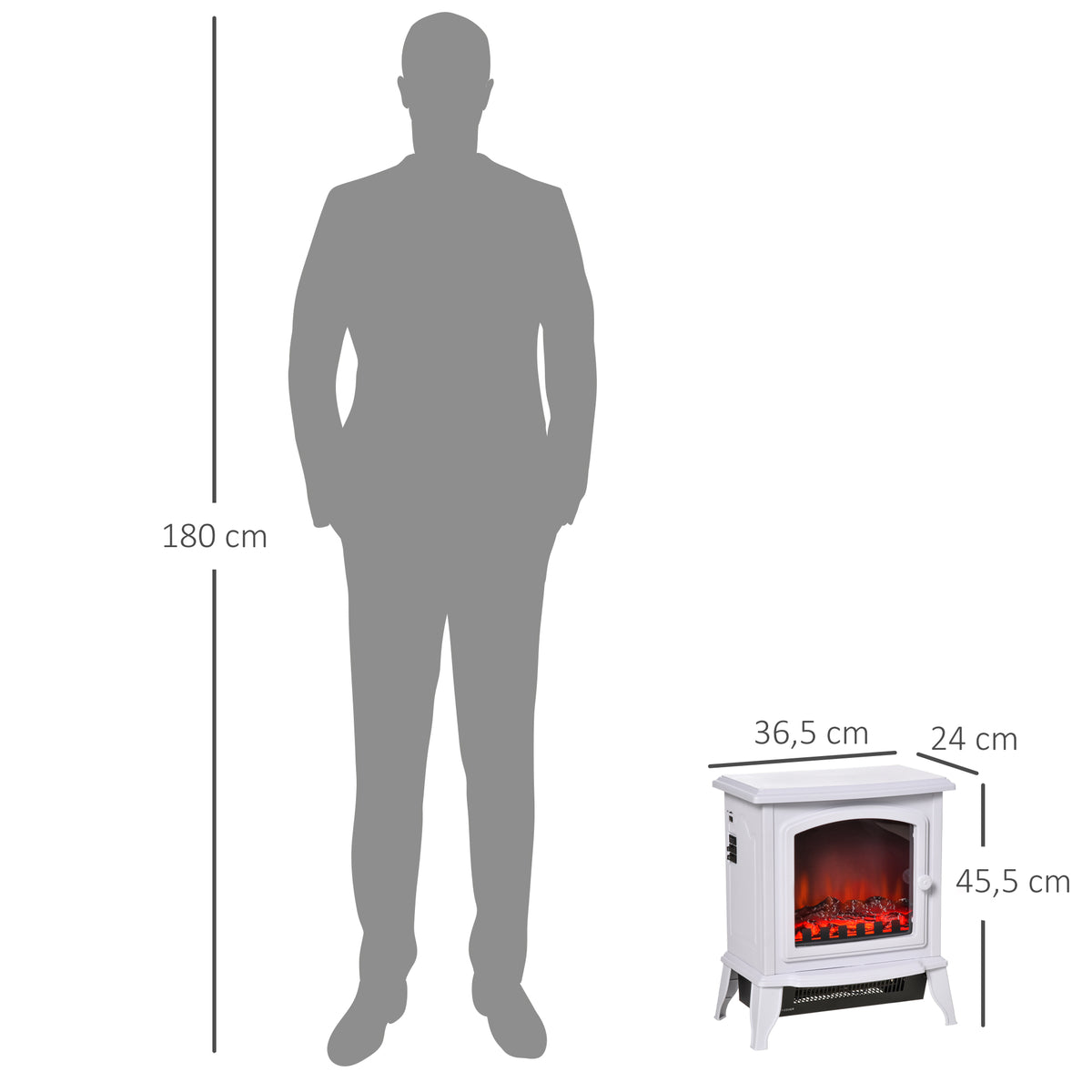 Elektrokamin freistehend, Flammeneffekt, 2 Heizmodi 1000W/2000W, gehärtetes Glas, Weiß, 36,5x24x45,5 cm