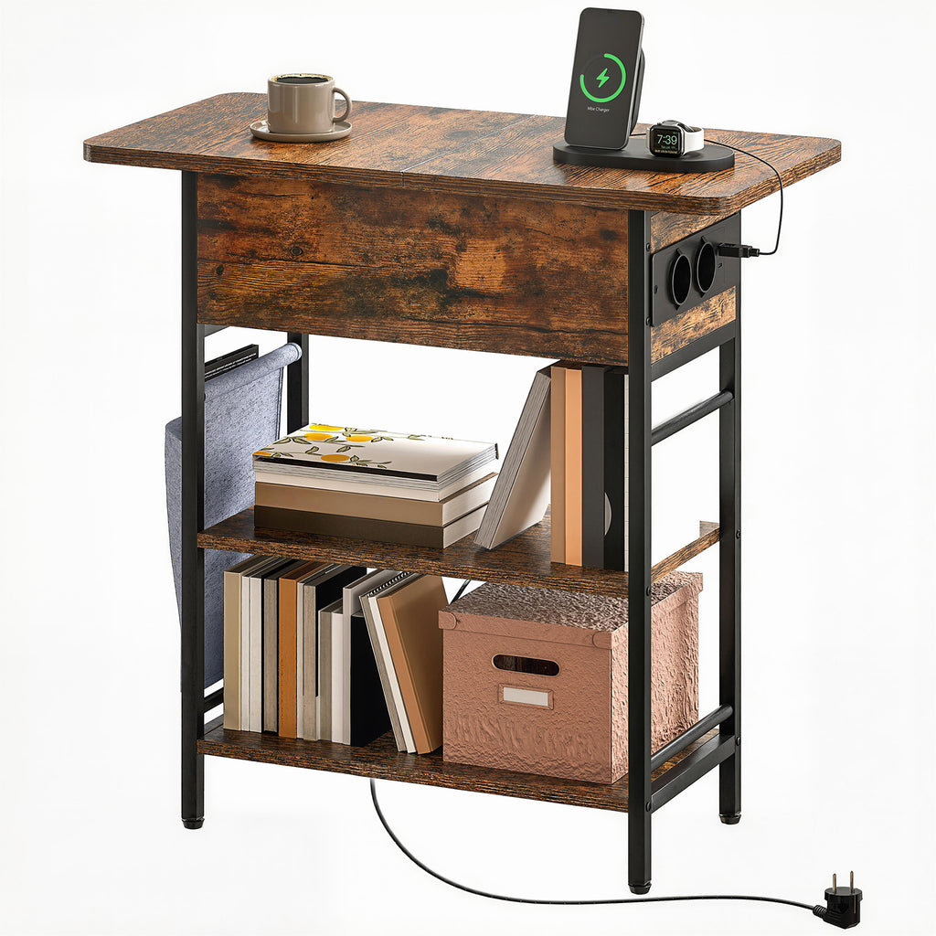Beistelltisch Nachttisch mit Steckdosenleiste, 2 Ebenen, USB-Anschl¨¹ssen Stauraum 60 x 29,8 x 58,5 cm Rustikal Braun