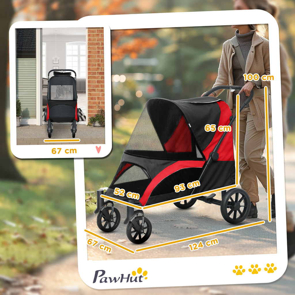 Foldable Pet Stroller for Medium Dogs with Four Big Wheels, Shock-Absorbing Frame, Safety Leashes, Brakes, Red/Black