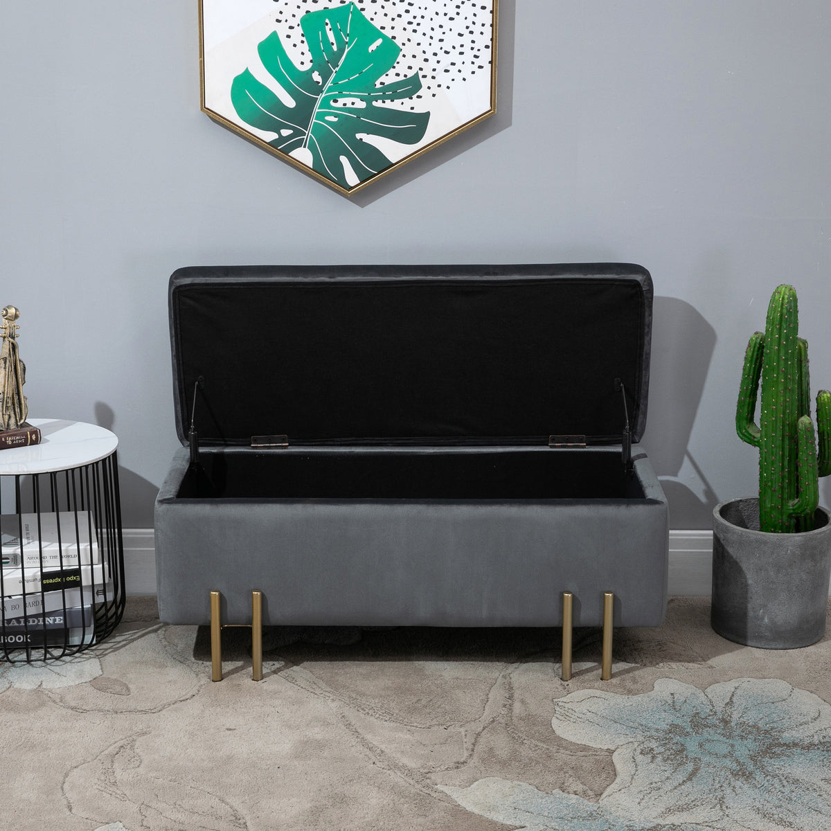 Sitzbank mit Stauraum Polsterbank mit Samtoptik, Sitztruhe mit Metallbeine, Truhenbank für Wohnzimmer Schlafzimmer Flur 100 x 40 x 42 cm, Dunkelgrau