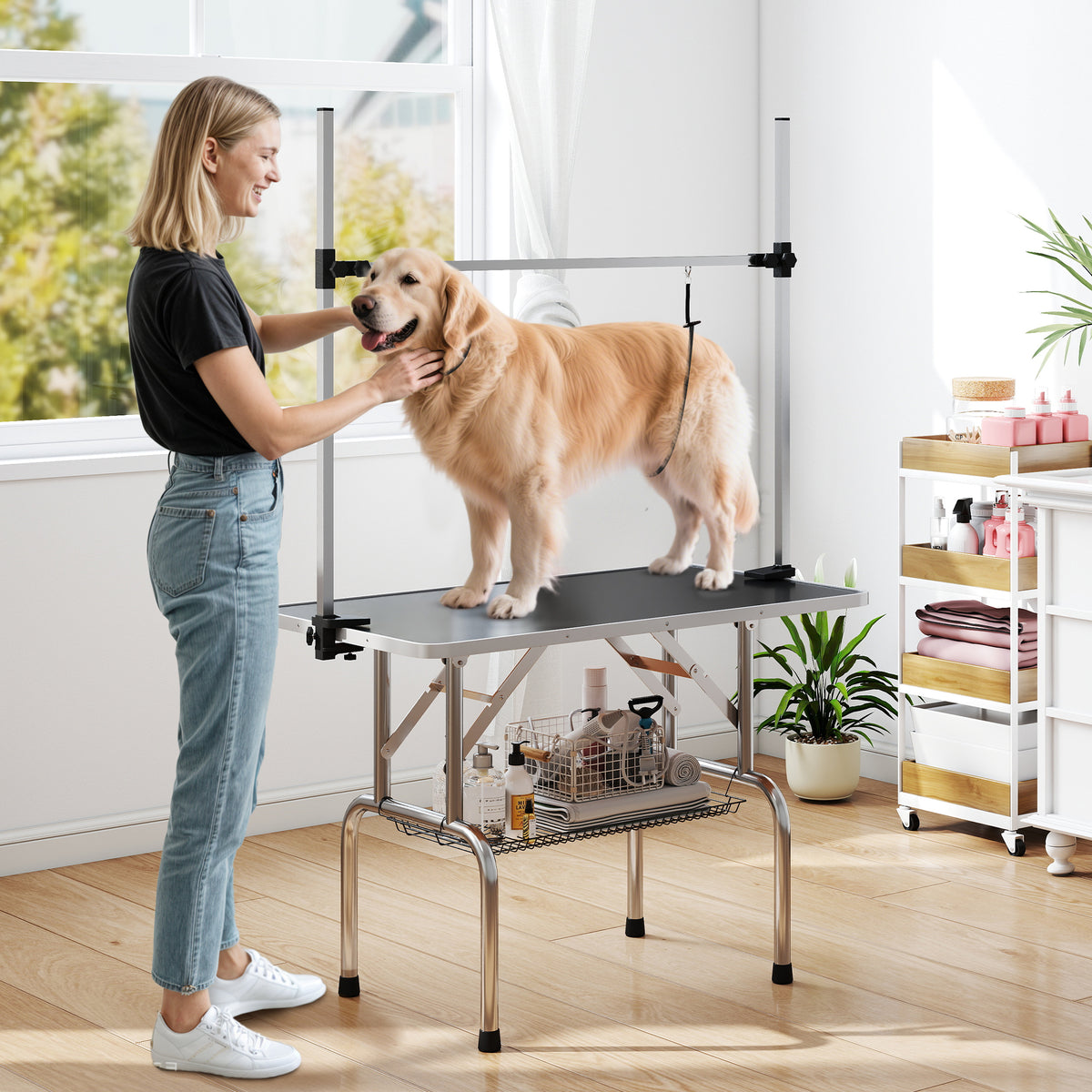 42" Dog Grooming Table, Adjustable Pet Cat Drying Beauty Table with 2 Loops Storage Basket, Rubber Top, Black