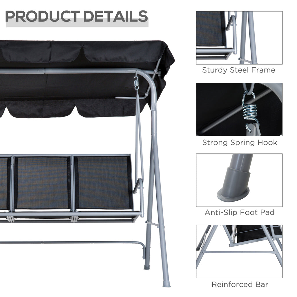  Hollywoodschaukel mit verstellbarem Sonnendach, 3-Sitzer Gartenschaukel mit Anti-Rutsch-Füßen, Schaukelbank belastbar bis 240 kg, Gartenliege für Garten, Terrasse, 171x108x154cm, Schwarz