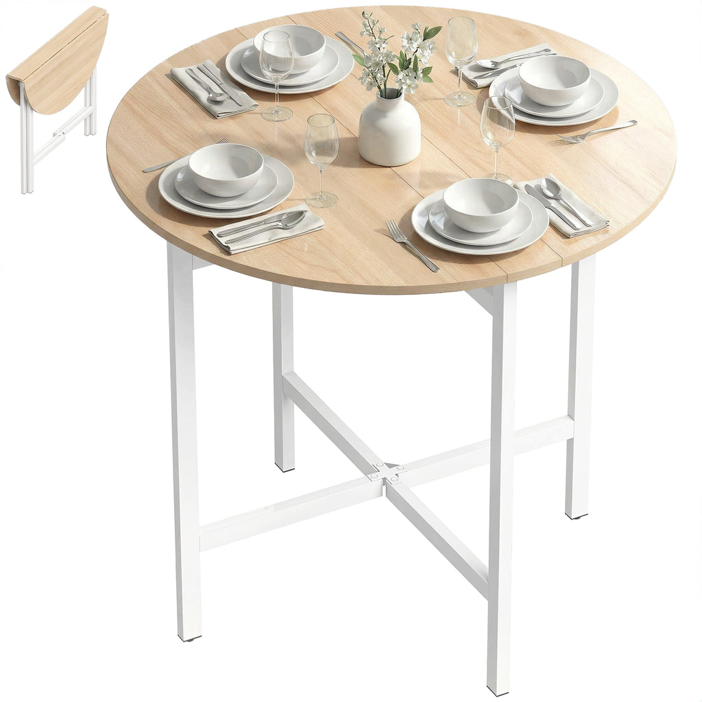 Klappbarer Esstisch, 80 cm Runder Klapptisch mit Stahlrahmen, Platz für 2-4 Personen, Naturholz-Optik