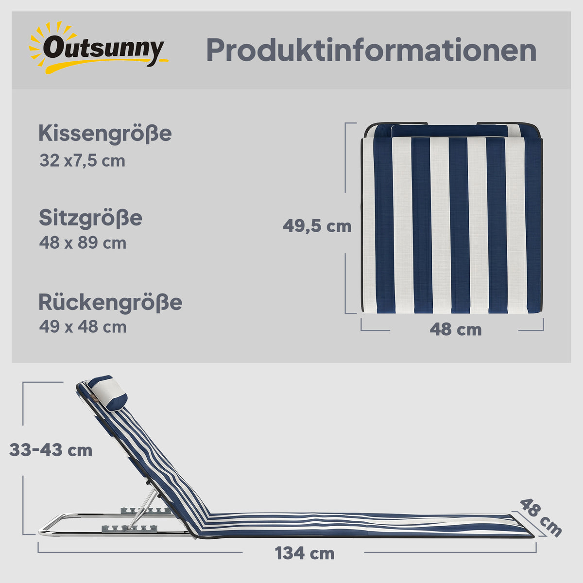 Sonnenliege klappbar Gartenliege mit Kopfkissen Liegestuhl mit 5-Fach verstellbare Rückenlehne Tragetasche Blau