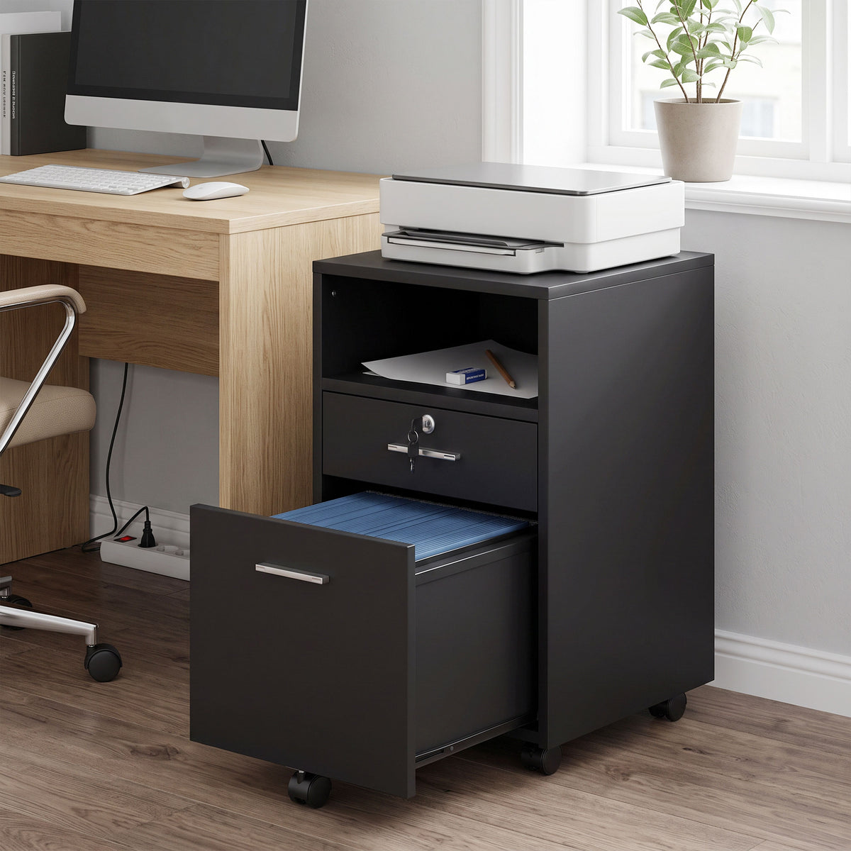 Büroschrank Rollcontainer, 2 Schubladen, eine Schublade abschließbar, 5 Rollen, Schwarz, 40 x 40 x 65 cm
