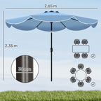Sonnenschirm rund Balkonschirm Strandschirm mit 3-facher Neigung Kurbel 8 Streben Ø265 x 235H cm Himmelblau
