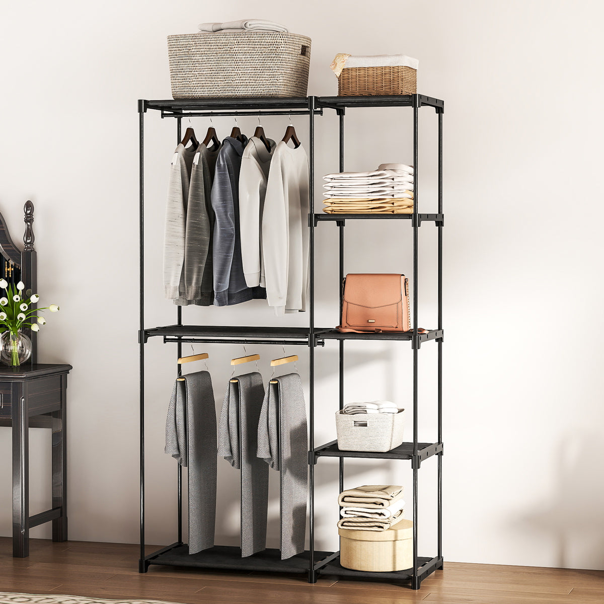 Stoffschrank Kleiderschrank mit Kleiderstange, Ablagen, f¨¹r Schlafzimmer, Ankleidezimmer, 111 x 43 x 185 cm, Schwarz