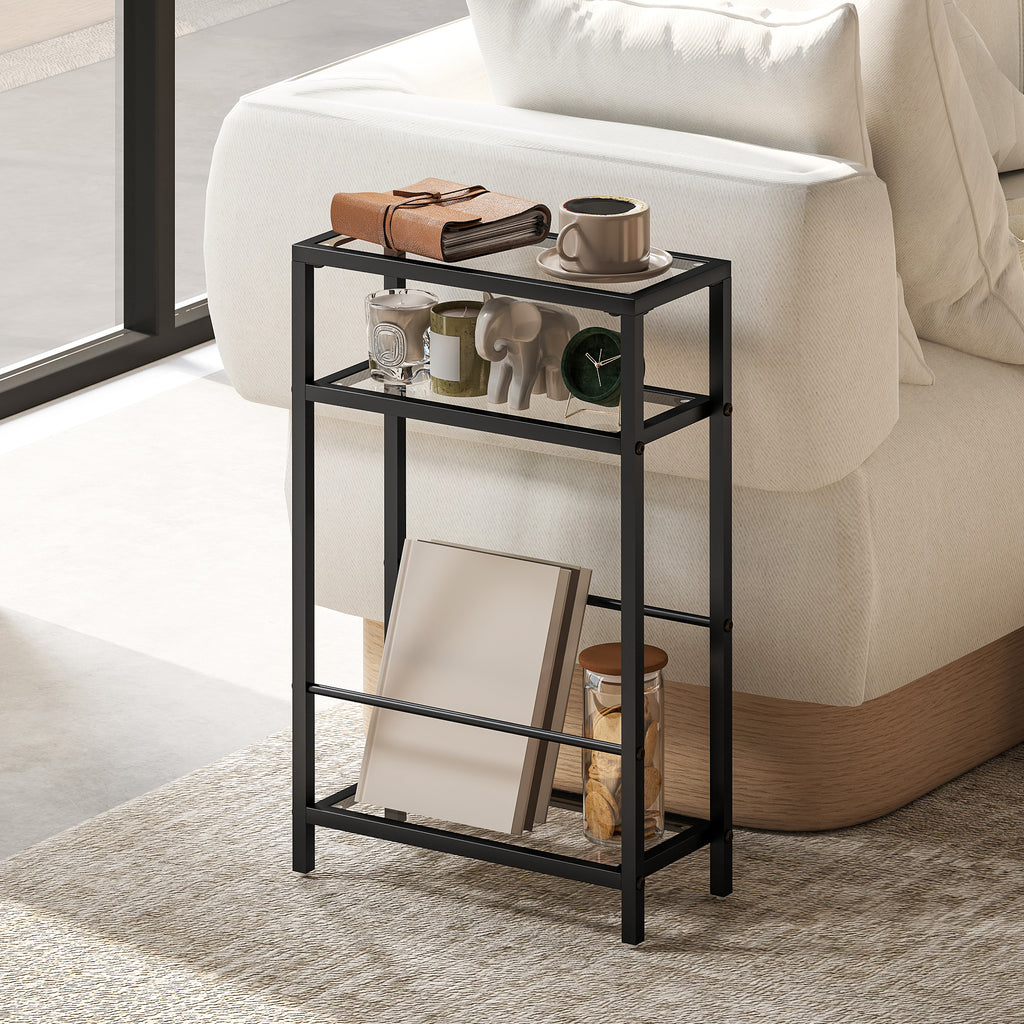 3-Tier Side Table, Narrow End Table with Storage Shelf and Tempered Glass Tabletop for Small Spaces, Black