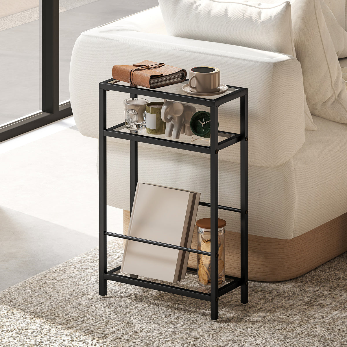 3-Tier Side Table, Narrow End Table with Storage Shelf and Tempered Glass Tabletop for Small Spaces, Black