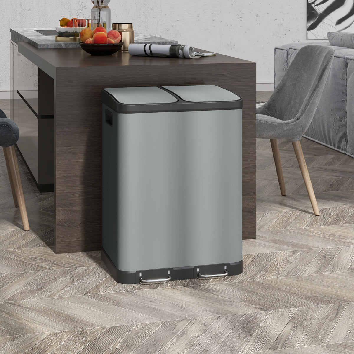 Doppelfach-M¨¹lleimer, 2 x 30L, fingerabdruckresistent, Pedal, herausnehmbare Inneneimer, Grau